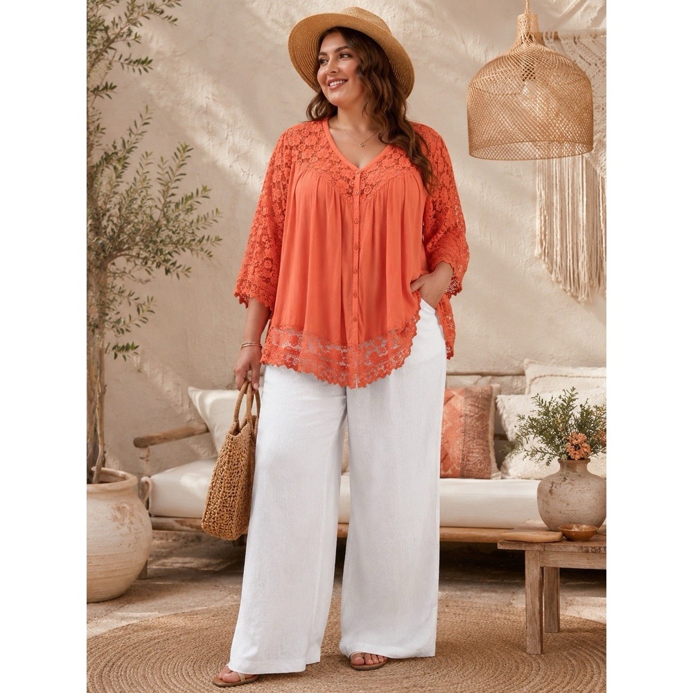 Denim 24/7 Women's 26W Orange Lace Boho Peasant Long Sleeve Blouse Rayon XX23